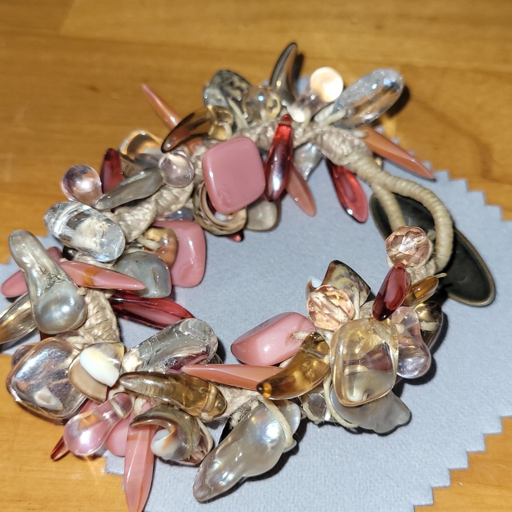 Vintage Pink Glass Bead Cluster Charm Bracelet Floral Clasp 44g Boho